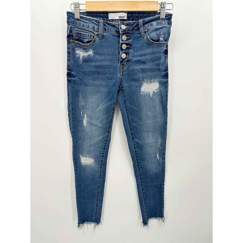 Vervet by Flying Monkey Skinny Jeans Womens 26 Blue Button Fly Raw Hem VT295